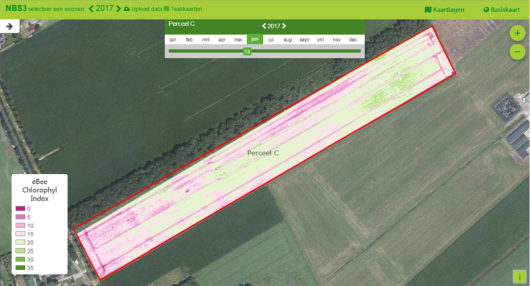 Figure 1: This figure shows the chorophyl index (CI) that was measured on a field with starch potatoes on 13 June 2017. It concerns a field on sedimentary soil where potatoes from the Axion variety were planted on 10 April. Figure 1: This figure shows the chorophyl index (CI) that was measured on a field with starch potatoes on 13 June 2017. It concerns a field on sedimentary soil where potatoes from the Axion variety were planted on 10 April.