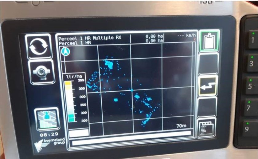 Figuur 3. De taakkaart met de distelbespuitingen op een Kverneland test terminal. Figuur 3. De taakkaart met de distelbespuitingen op een Kverneland test terminal.